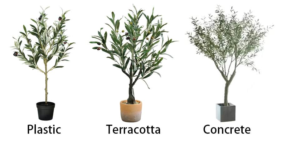 Wholesale artificial olive trees in plastic and decorative pots (concrete, terracotta)