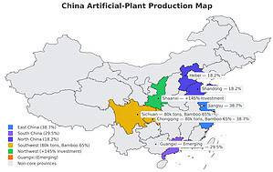 artificial plants China major manufacturing provinces with key production cities marked