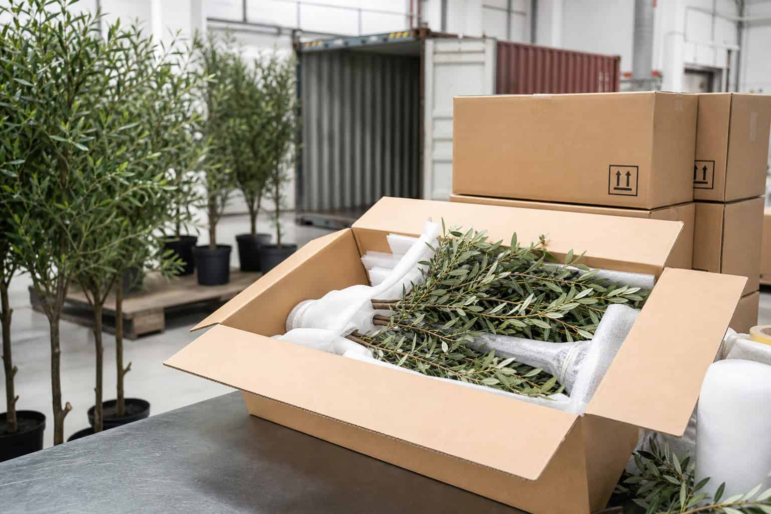 Artificial plant packaging with reinforced export cartons for wholesale shipping