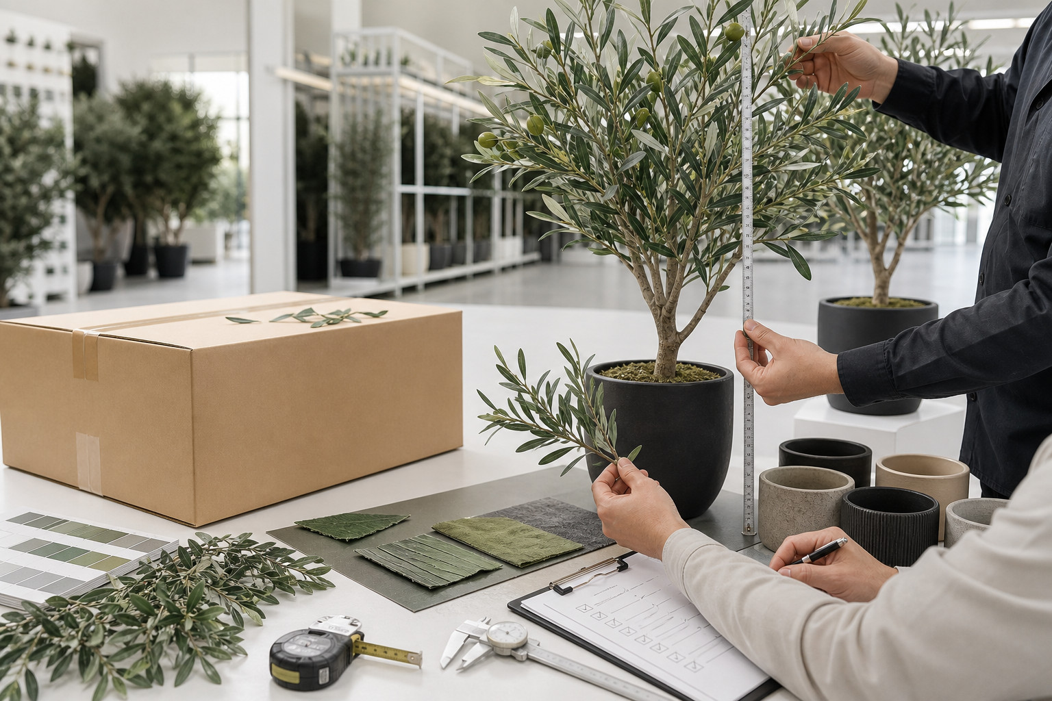 Wholesale buyer reviewing an artificial plant golden sample with measurements and material references