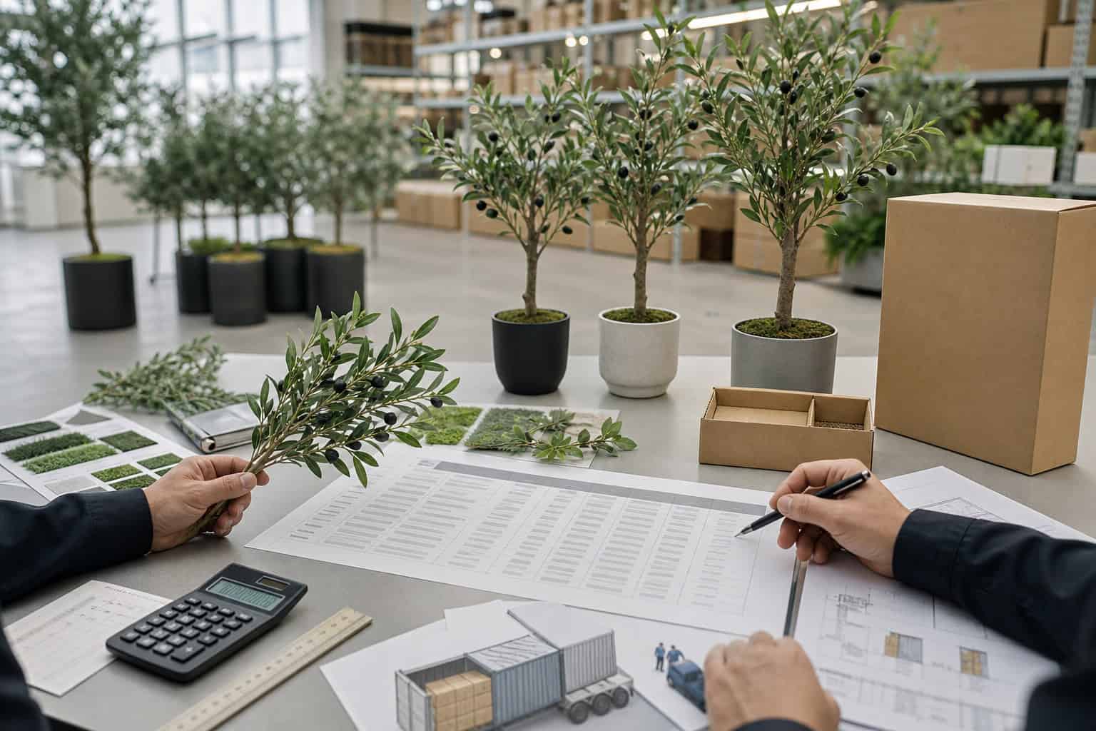 Wholesale buyer comparing artificial plant supplier quotes, samples and packaging costs