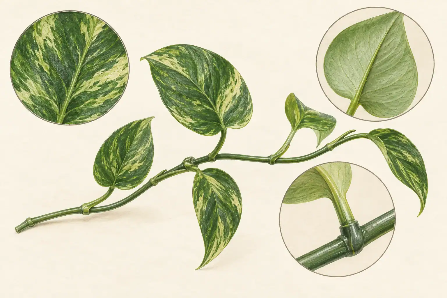 AI-generated botanical illustration of artificial pothos leaf veins, underside, and a molded stem connection.