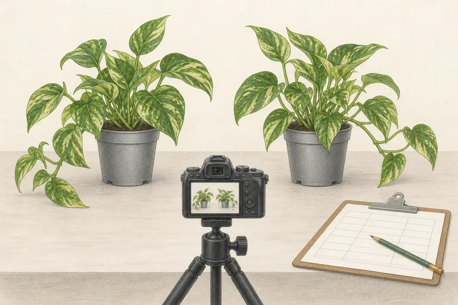 Illustration of two similar potted artificial plants photographed together beside a blank comparison worksheet.